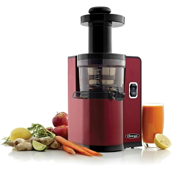 Juicer Cold Press Vertical 43 RPM Slow Masticating Compact Juice Extractor for Fruits and Vegetables Quiet Operation with 3 Stage Auger Automatic Pulp Ejection No-Drip Tap, 150-Watts, Red