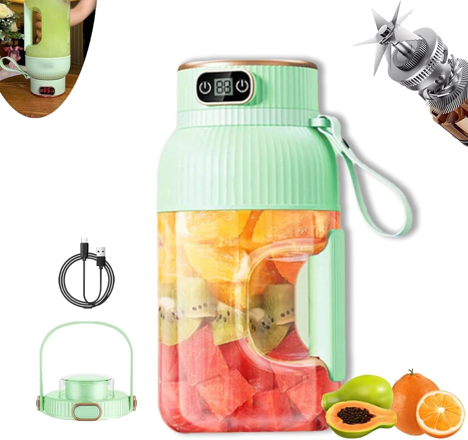 Juicer Cup,Multifunctional Portable Juicer Cup with Digital Display, Fruit Mixers Juicers Electric Juicer,Shakes and Smoothies,Wireless Portable Blender Rechargeable (Bue)