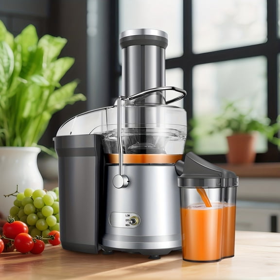 Juicer with Larger 3.2" Feed Chute, Titanium Enhanced Cutting System, 1200W Centrifugal Juice Extractor Maker with Heavy Duty Full Copper Motor, Dual Speeds, BPA-Free, Silvery.
