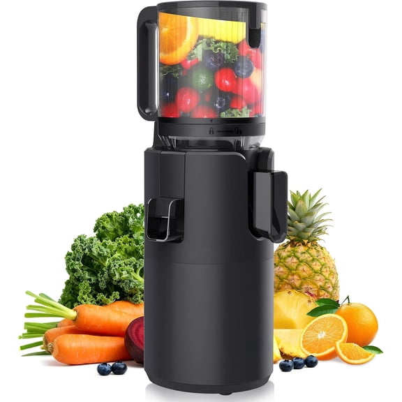 Juicer Machines, 5.3" Large Feed Chute Cold Press Juicer with Double Press Technology, 400W , High Juice Yield, Easy to Clean, Masticating Juicer for Whole Vegetables & Fruits, Dark Black