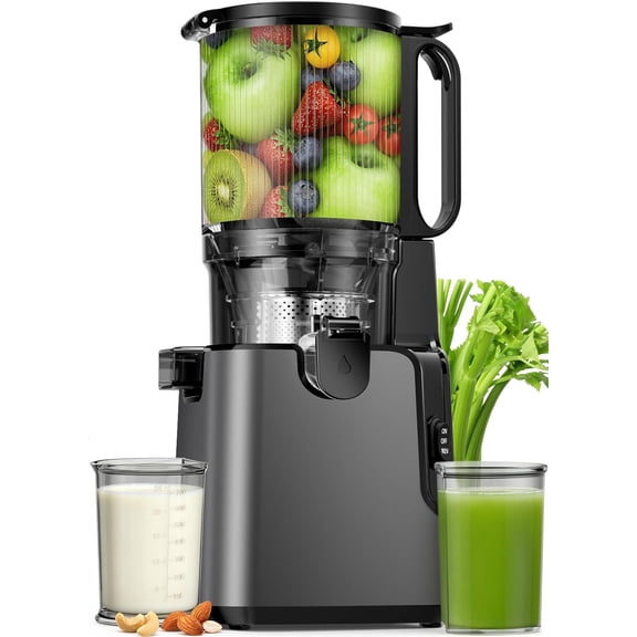 Juicer Machines with 5.8" Large Chute, 2-in-1 Cold Press for Whole Vegetables Fruits 400W, Masticating juicer Easy to Clean Juice Extractor Machine Making Nut Mike, Juice, Premium Gray