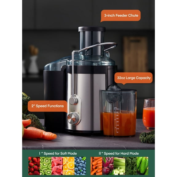 Juicer Machines 600W,Max up to 1200w, 3'' Big Mouth, Easy to Clean, Non-Slip Feet, BPA-Free