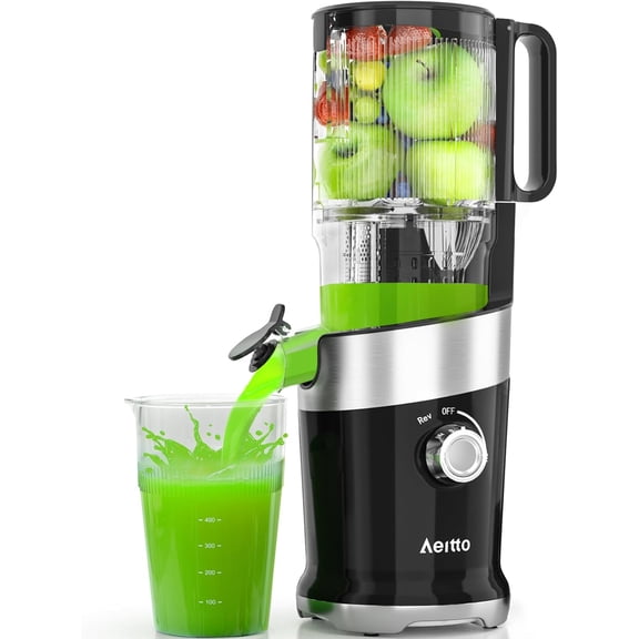 Juicer Machines, Aeitto Cold Press Juicer,4.9" Wide Mouth Fits for Whole Fruits and Vegetables, Slow Masticating Juicer Easy to Clean, High Juice Yield,Black