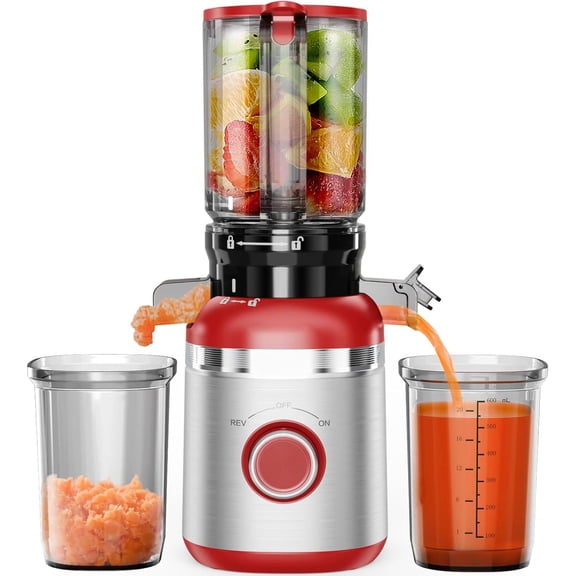 Juicer Machines, Cold Press Juicer for Whole Vegetables & Fruits, Slow Masticating Juicer Maker with Wide Feed Chute, High Juice Yield, Quiet Motor, Easy to Clean, Orange Extractor, Red