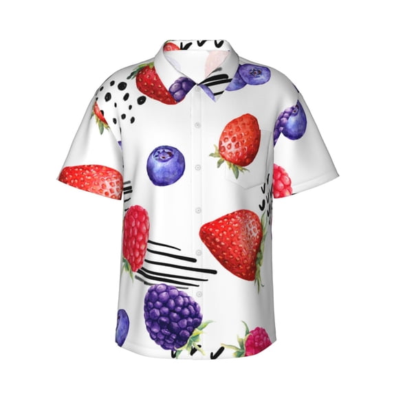Juicy Berry Raspberry Hawaiian Shirts For Men, Summer Short-Sleeve Relaxed-Fit Button-Down Shirts Medium
