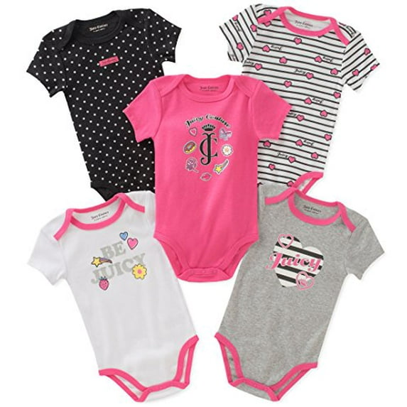 Juicy Couture Baby Girls 5 Packs Bodysuit, Oatmeal/Gold/Black, 0-3 Months