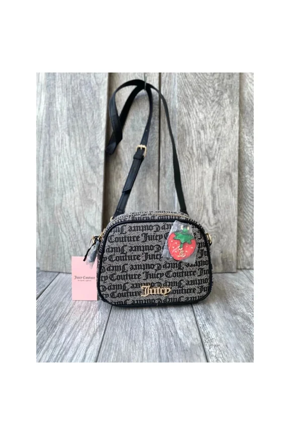 Black Monogram Crossbody Bag with Strawberry Charm
