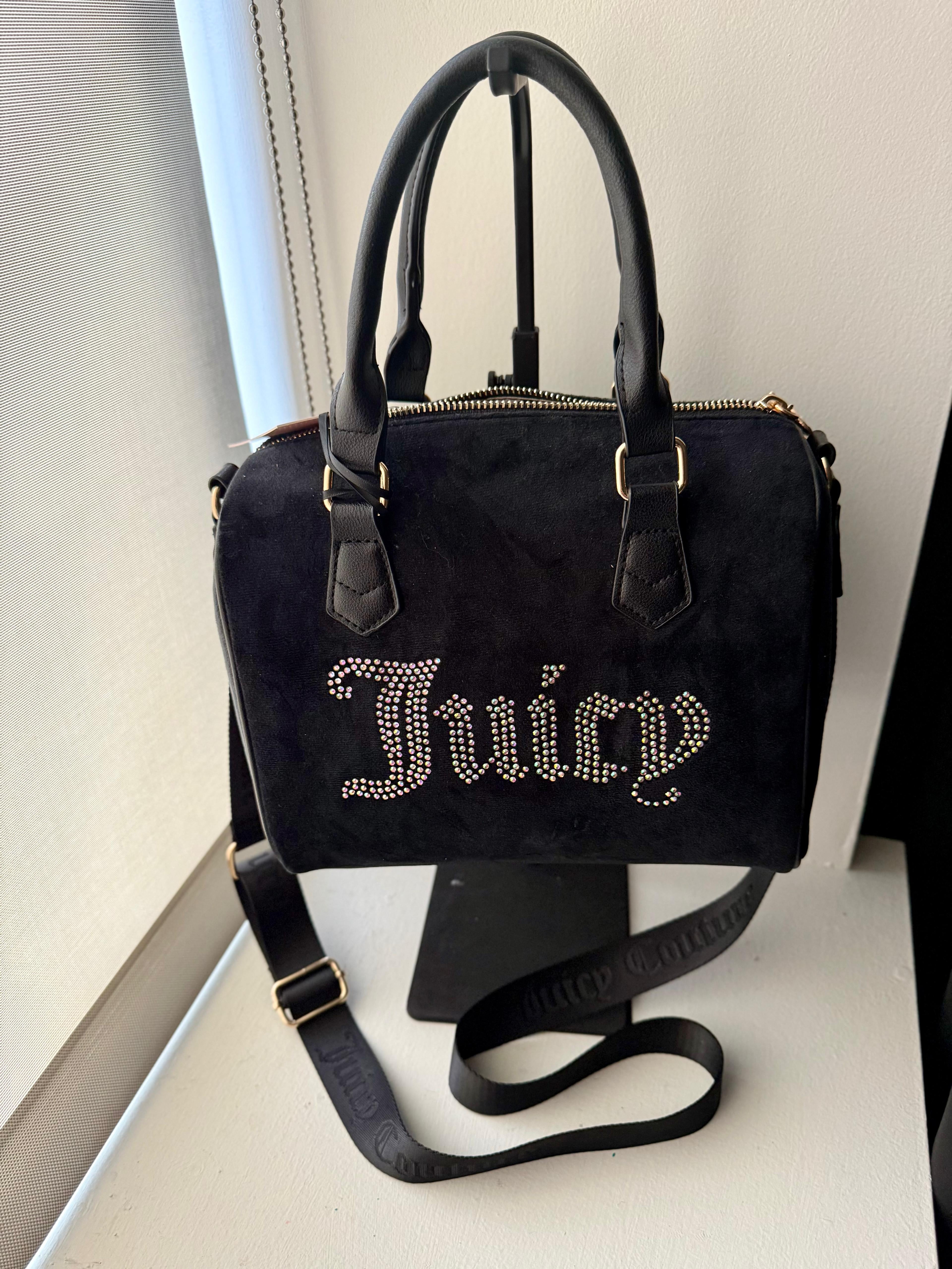 Juicy Couture Black Velour Handbag with Rhinestone Logo and Gold