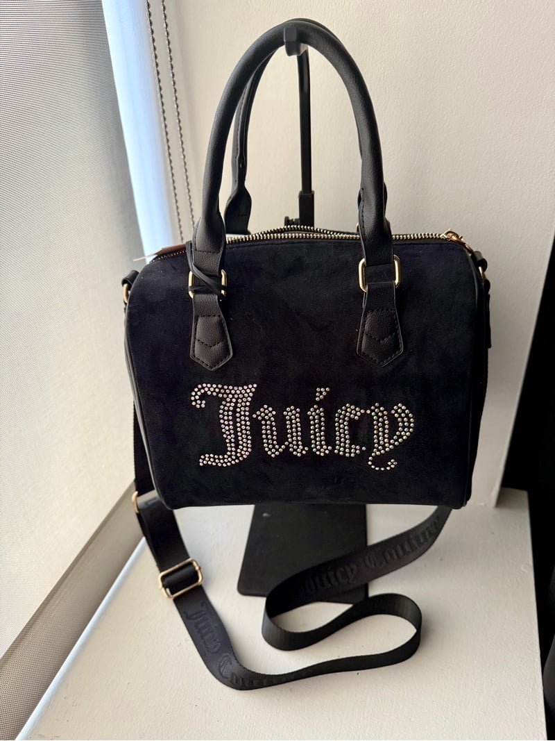 Juicy Couture Black Velour Handbag with Rhinestone Logo and Gold