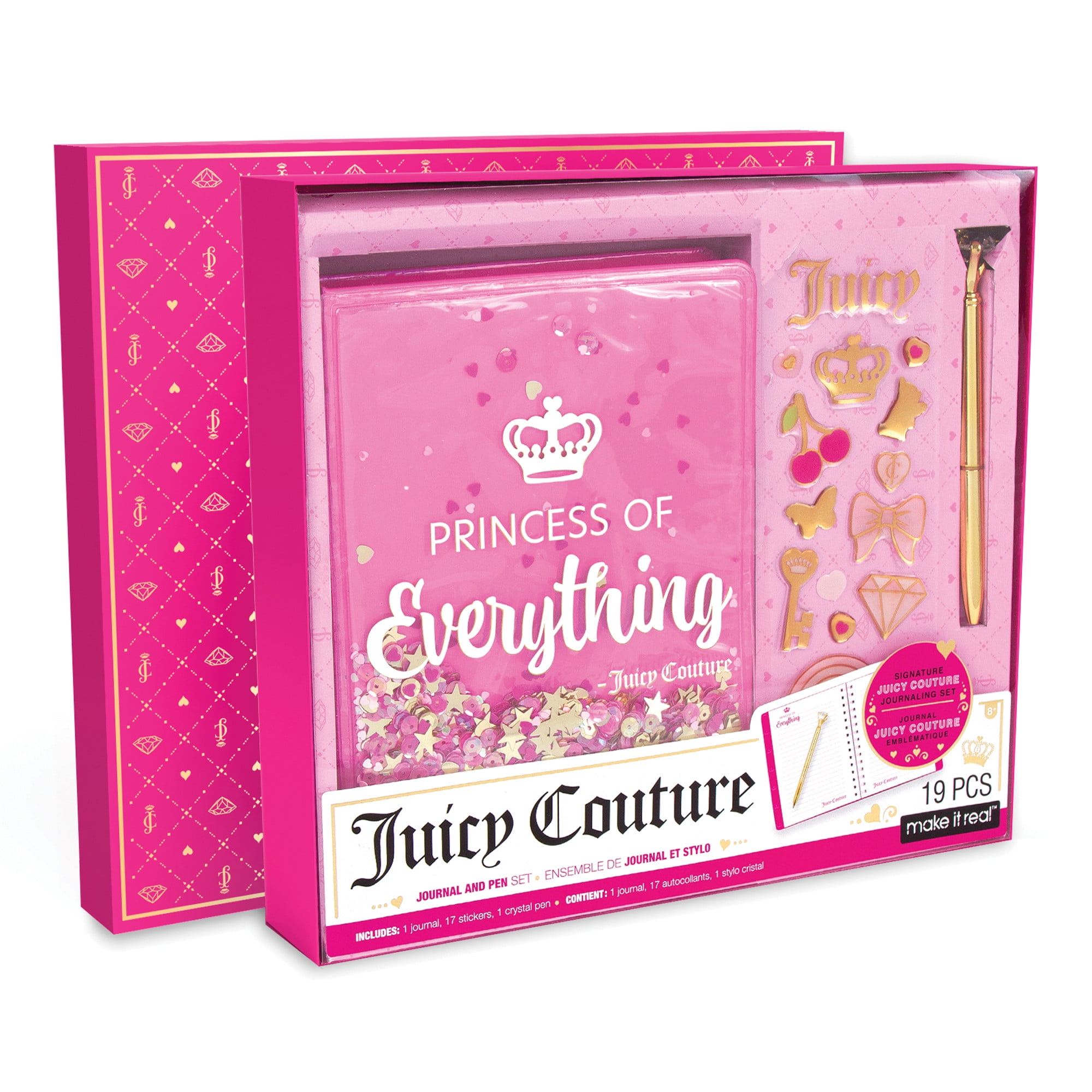 Juicy Couture Boxed Journal Pen Set - Princess of Everything, Pink & Gold  Glitter, w/ Pen & Stickers 