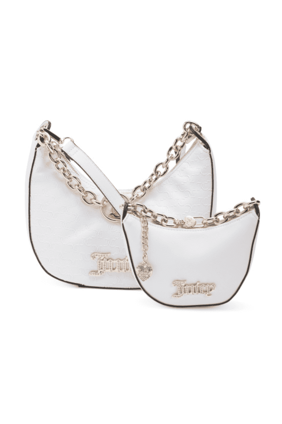 Crescent Shoulder Bag with Gold Chain Strap and Logo Detail, White