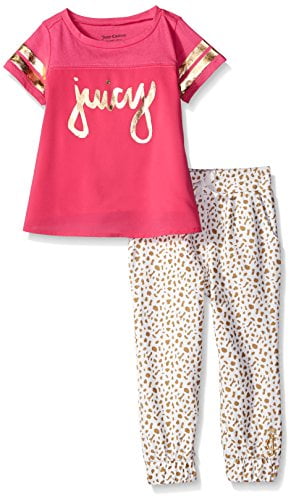 Juicy Couture Girls' Cotton Jersey Top Poly Chiffon and Print French Terry  Pants, Pink, 3T