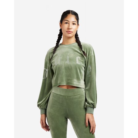 Juicy Couture J5027 Top Women's Olive Medium Velour Balloon Sleeve Crew LW069 (Green,Regular,M)