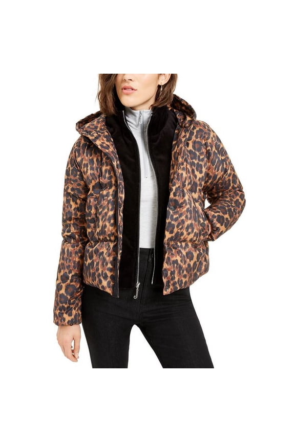 Juniors' Printed Puffer Coat Brown Size Small