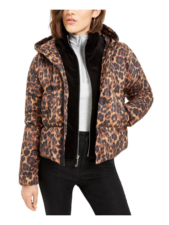 Juniors' Printed Puffer Coat Brown Size X-Small