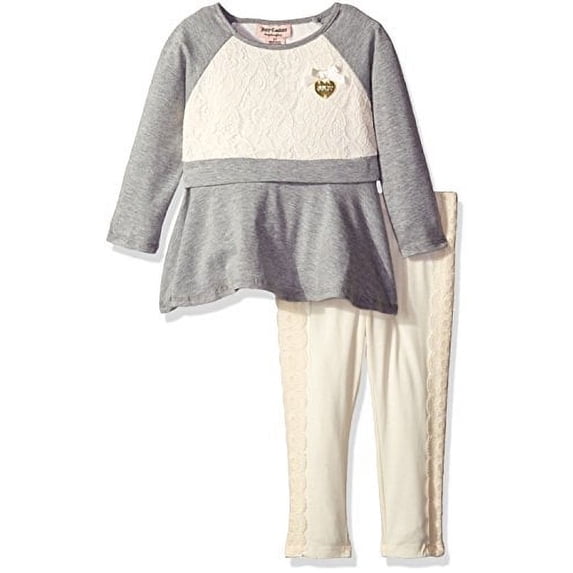 Juicy Couture Little Girls' 2 Piece Tunic and Pant Set with Lace Trim, Gray, 6X