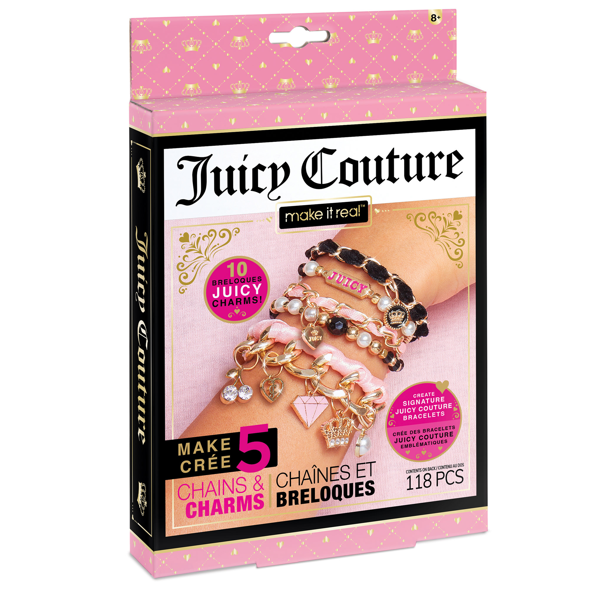 Juicy Couture: Mini Chains  Charms DIY Kit Create Bracelets, 118  Pieces,10 Juicy Charms, Pink Gold  Black, Children Ages 8+