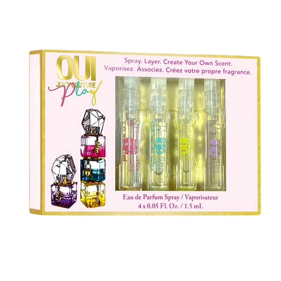 JUICY COUTURE OUI PLAY 4 PCS X 0.05 EAU DE PARFUM SPRAY SET FOR WOMEN: SWEET DIVA + SPARKLING REBEL + BLOOMING BABE + DECADENT QUEEN
