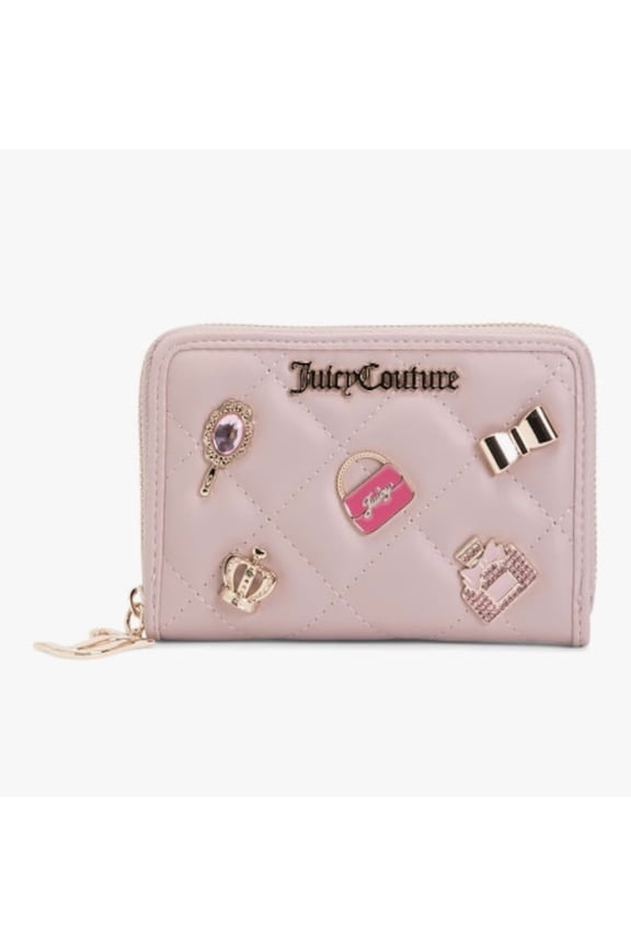 Quilted Zip Around Wallet with Charm Details, Blush Pink