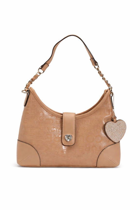 Starry Night Hobo Shoulder Bag with Heart Charm & Logo Pattern, Tan