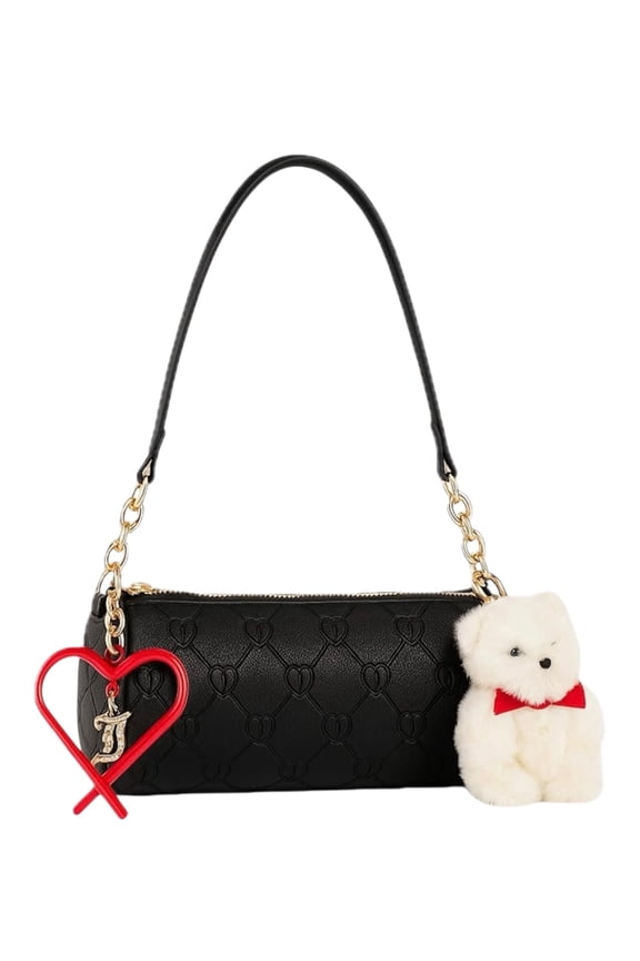 Womens Demi Shoulder Bag with Heart Quilt Texture & Plush Bear Charm, Black