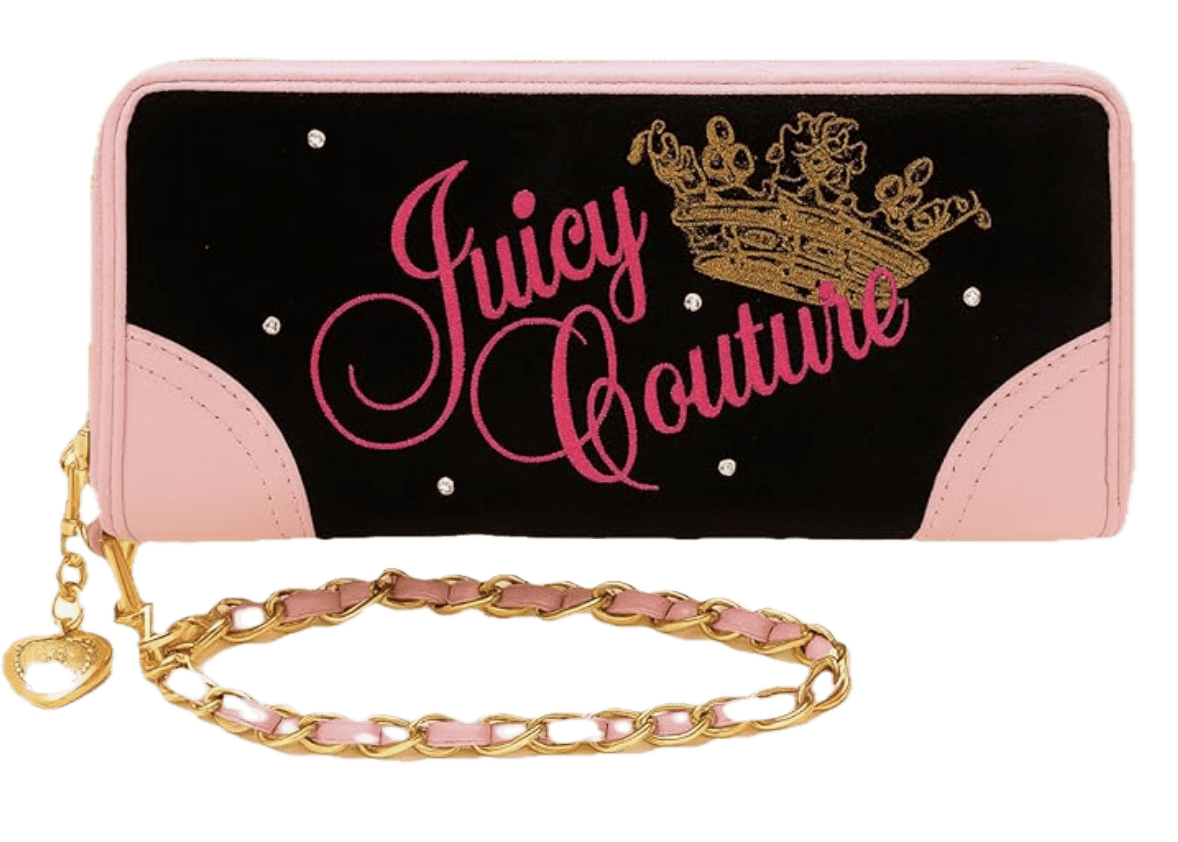 JUICY COUTURE Womens Hot Pink & Black Zip-Around Wallet with Chain Wristlet and Gold Crown Logo