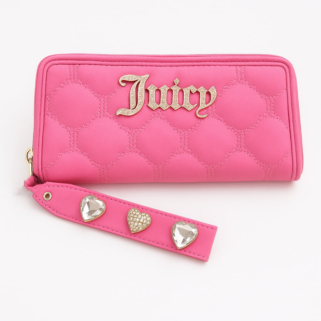 JUICY COUTURE Womens Hot Pink Quilted Zip-Around Wallet with Crystal Heart Detachable Wristlet Strap