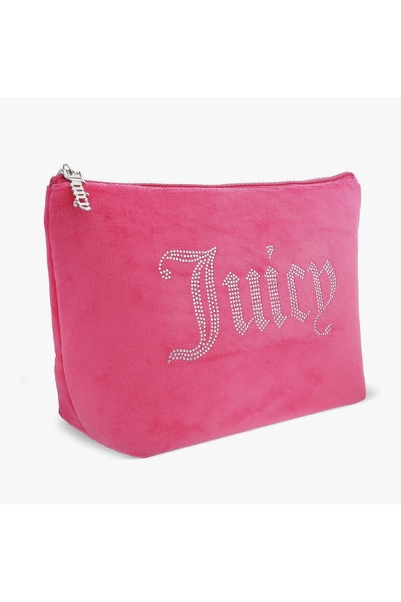 Womens Hot Pink Velvet Cosmetic Bag with Rhinestone Juicy Logo