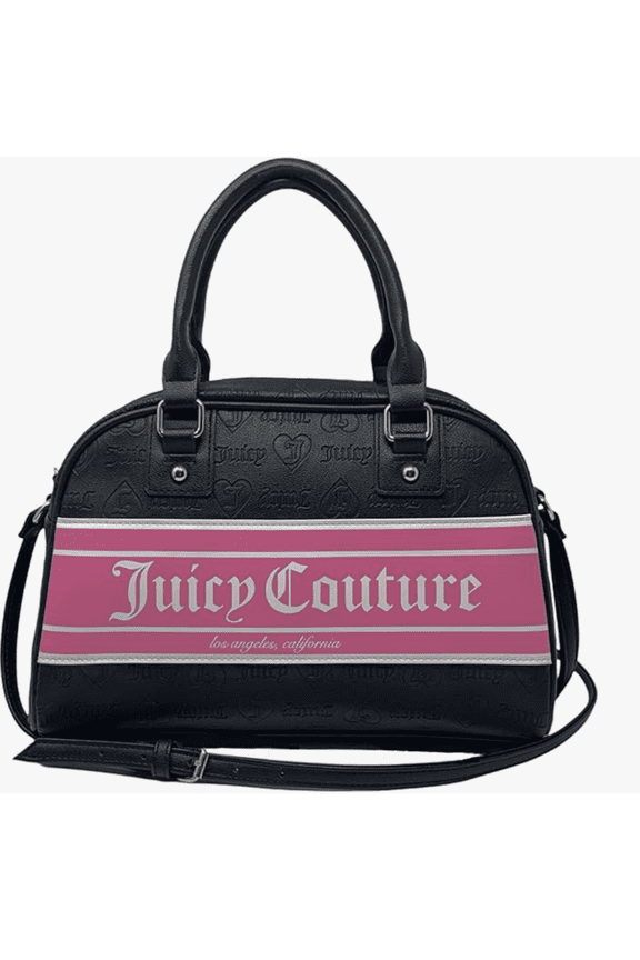Womens Logo Stripe Satchel Handbag with Top Handles & Adjustable Strap, Black & Pink