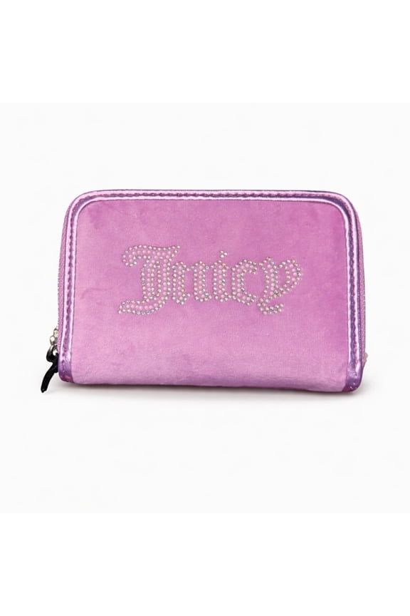 Women's Medium Double Zip Around Wallet with Rhinestone Logo, Card Slots & Coin Compartment (Violet Tulle)