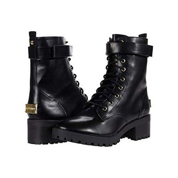 Juicy Couture Women's Oodles Lace Up Hiker Bootie with Straps and Lug Bottom Black 7.5