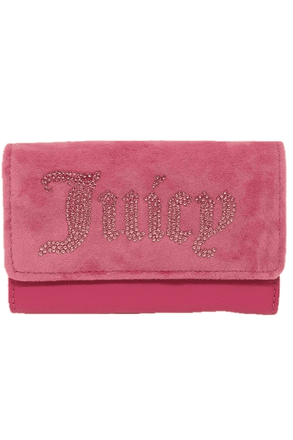 Womens Pink Trifold Wallet with Rhinestone Juicy Logo & Plush Velour Front