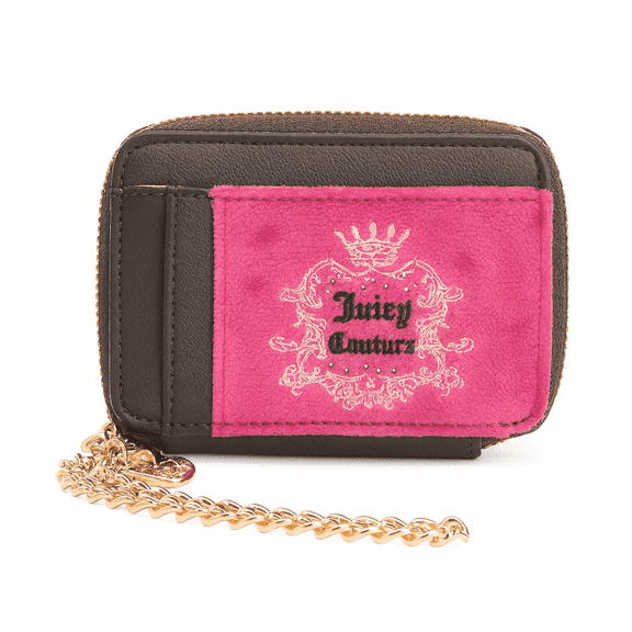 Juicy Couture Womens Pink Velour & Brown Zip-Around Wallet with Gold Chain Wristlet and Embroidered Crest Logo