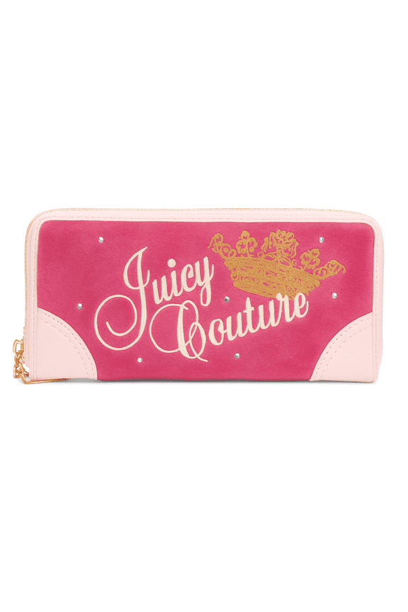 Womens Pink Velour Zip-Around Wallet with Rhinestone Accents, Gold Crown Embroidery & Wristlet Strap