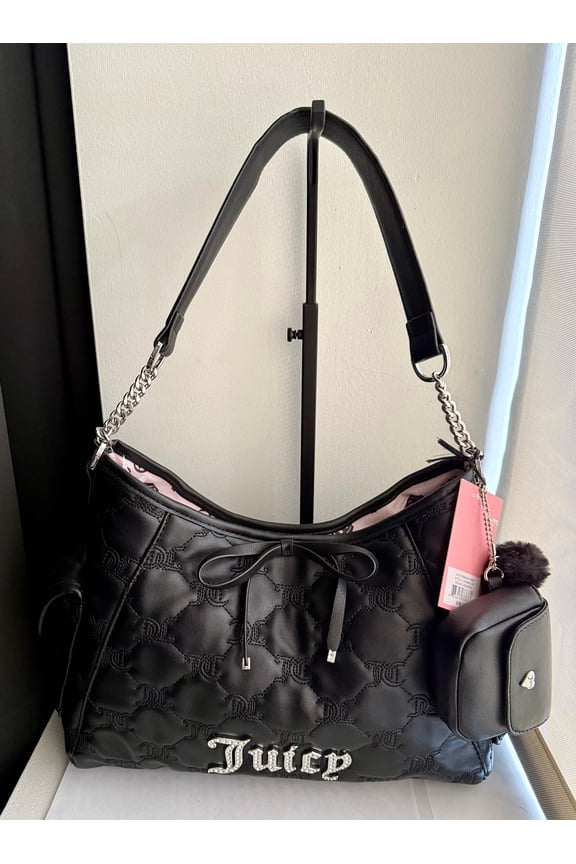 Women's Quilted Hobo Handbag with Pouch and Charm, Black