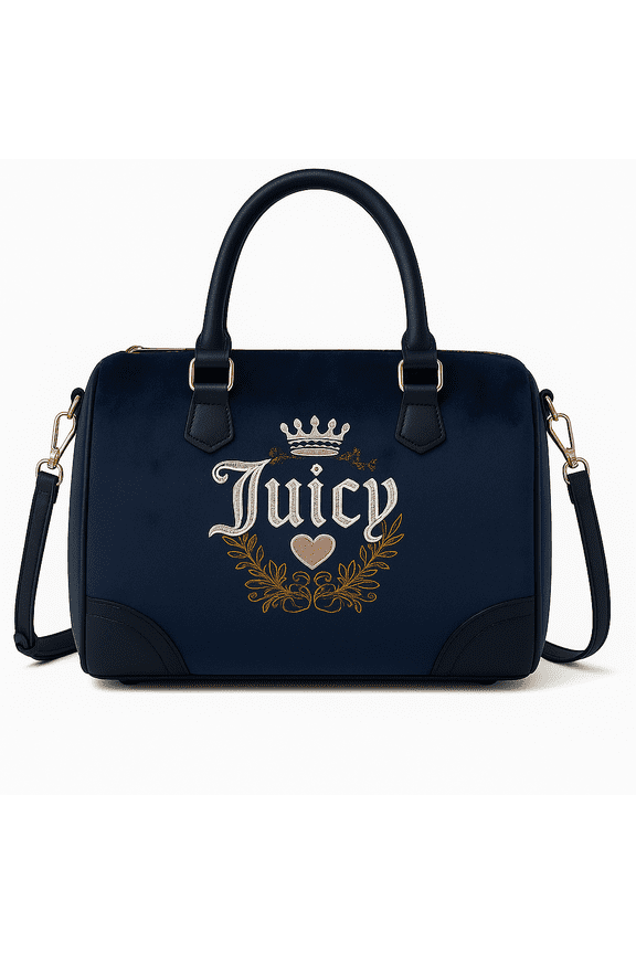 Womens Regal Blue Velvet Satchel Handbag with Gold Embroidered Crown & Heart Logo