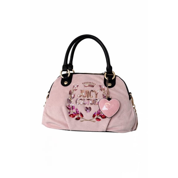 Juicy Couture Womens Velour Satchel Handbag with Heart Charm & Removable Crossbody Strap, Powder Blush