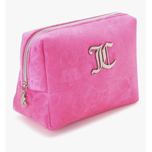 Juicy Couture Womens Velvet Cosmetic Bag, Hot Pink Plush Embossed Makeup Pouch with Silver JC Logo
