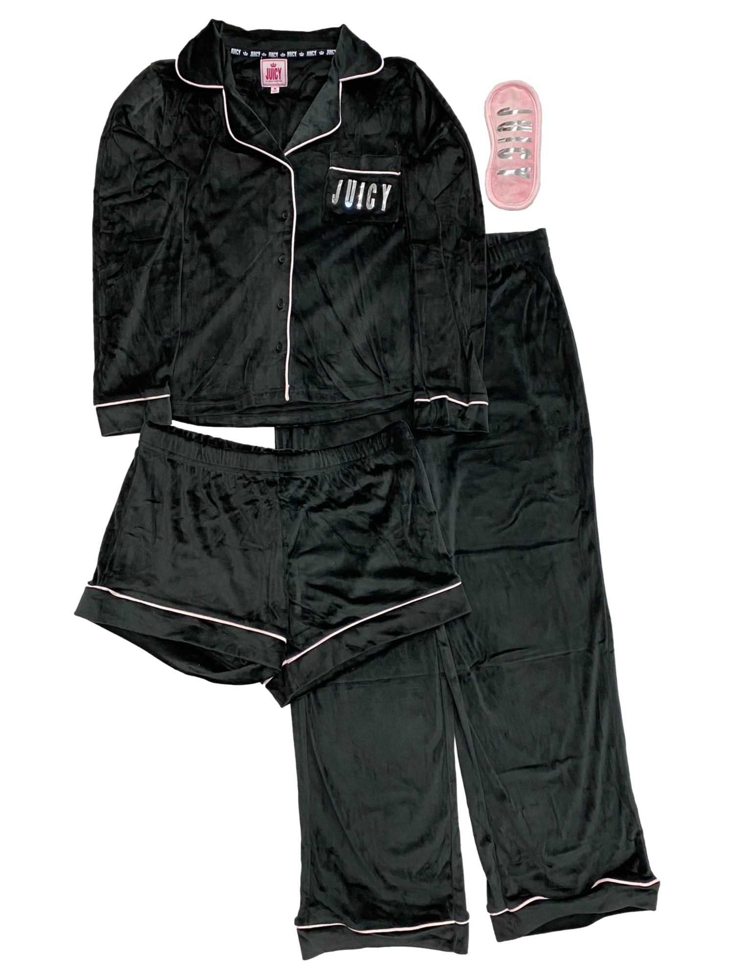 Juicy Couture Womens Plush Black Pajamas Shorts Pants Top Sleep Mask Set  X-Large