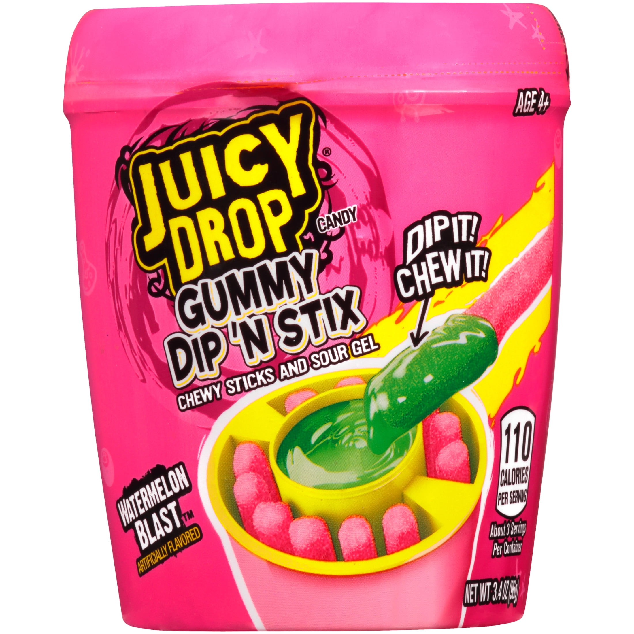 Juicy Drop Gummies Dip N Stix,GlutenFree, Gummy Candy, Assorted Flavors, 3.4 oz, 1 Canister