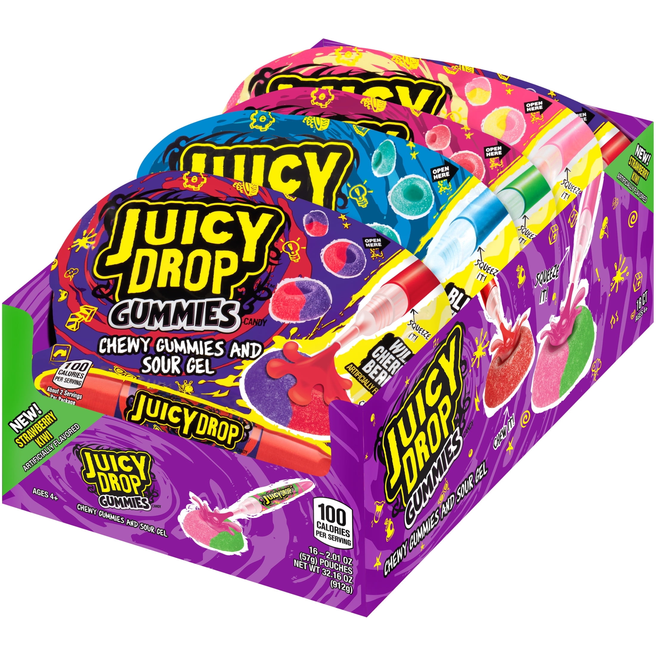 Juicy Drop Gummy Candy, Sweet Gummies & Sour Gel Pen, Assorted Flavors, 16 Count