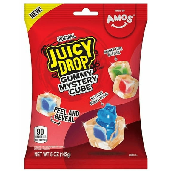 Juicy Drop Gummy Mystery Cube Candy, Original, Cherry, Blue Raspberry, Apple, 5oz Peg Bag