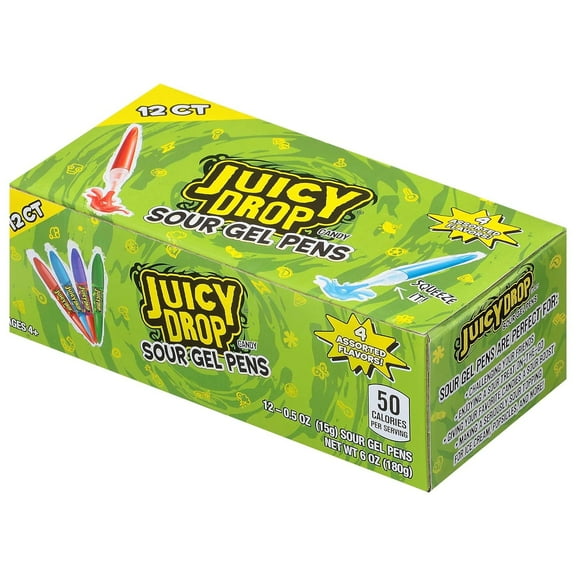 Juicy Drop Sour Candy Gel Pen, Pack of 12, Assorted Fruity Flavors, Candy for Party Favors, Treats, Gifts for Kids, & Holiday Fun