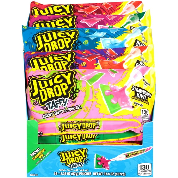 Juicy Drop Taffy Variety Pack, Assorted Flavors Sweet Chewy Candy with Sour Gel Pen, 2.36 Oz, 16 CountRDC29