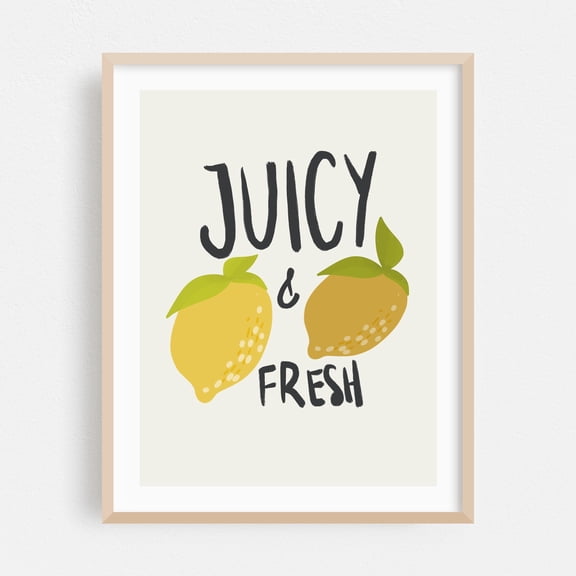 Juicy & Fresh - Illustration Quote Lemon Fruit Humor Typography Kitchen Decor Modern Art Oak Framed Wall Art Print 18 x 24 inches