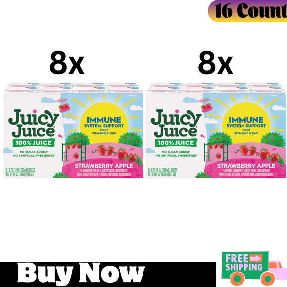 Juicy Juice 100% Juice Immune System Support with Vitamin C & Zinc, Strawberry Apple Flavor, 6.75 fl oz Juice Boxes, 16 Count
