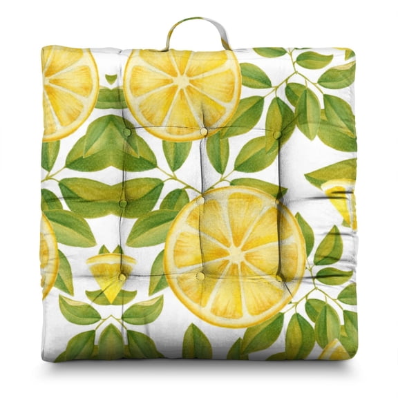 Juicy Lemon Meditation Pillow - 22x22 Inch Large Floor Cushion, Dutch Velvet, Fresh Fruit Pattern for Yoga & Relaxation