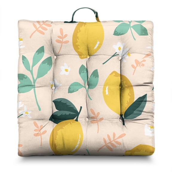 Juicy Lemon Meditation Pillow - 22x22 Inch Large Floor Cushion, Dutch Velvet, Fresh Fruit Pattern for Yoga & Relaxation