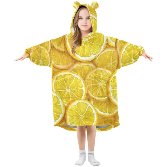 Juicy Lemon Slices Flannel Wearable Blankets Hooded Design Long Sleeves Wrap Unisex for 3T-14Y M