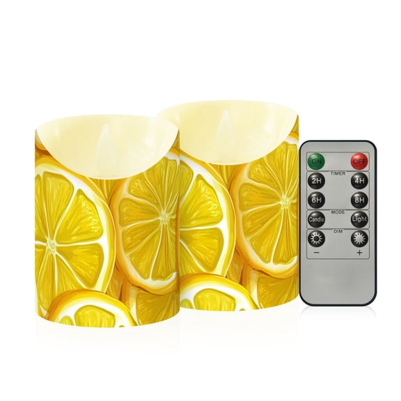 Juicy Lemon Slices Flickering Flameless Candles with Remote Timer Battery Operated LED Tealight Set of 2 M